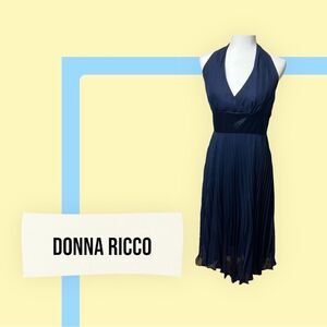 Donna Ricco Midi Navy Halter Dress with Silky waist and straps and Pleated Skirt